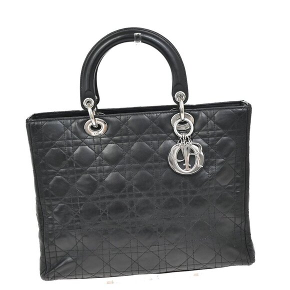 CHRISTIAN DIOR Logo Lady Cannage Shoulder Hand Bag Leather Black SHW 55KB222 - Picture 1 of 16